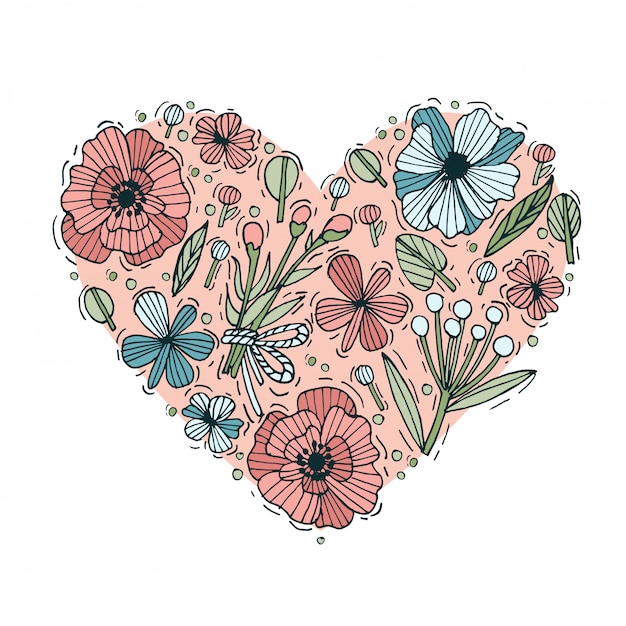 Colored hand draw flowers and leaves heart shape. Engraved style flowers. Valentines card.  illustration.
