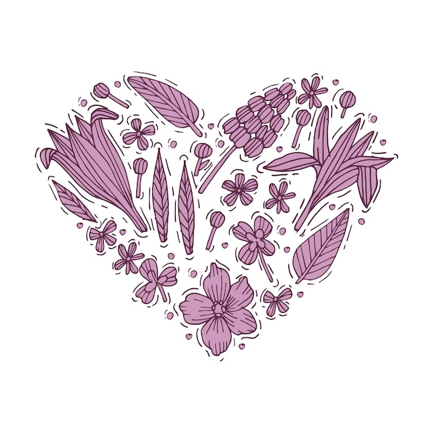 Mano colorata disegnare fiori e foglie a forma di cuore
