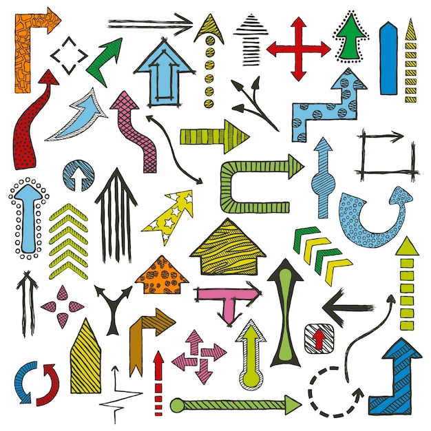 Vector colored hand drawn sketched arrows in different shapes set.