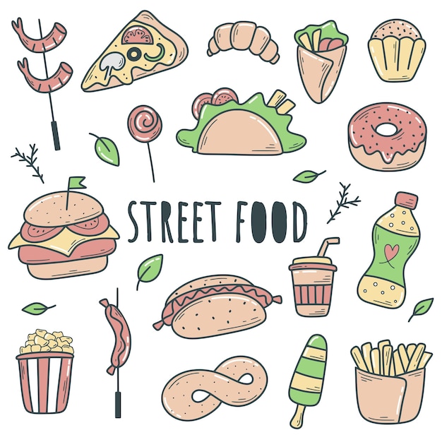 Colored hand drawn street food set retro fast food sketch simple takeaway snack in doodle style isol