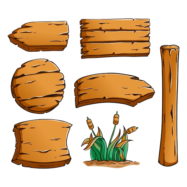 Vector colored hand drawn wooden billboard elements with cute grass