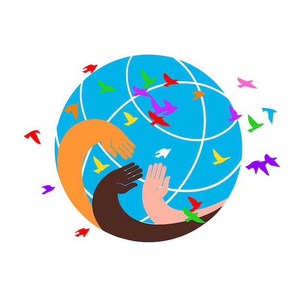 Vector colored hands hugging the planet international human rights