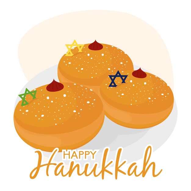 Colored happy hanukkah template with Sufganiyot food Vector illustration