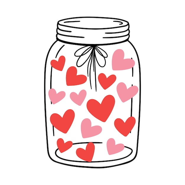Colored hearts in a glass jar Hand drawn illustration for romantic prints valentine day card