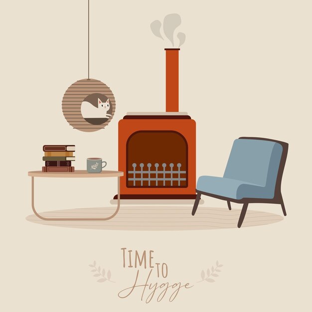 벡터 벽난로 에 의자와 함께 색의 hygge 시나리오 터