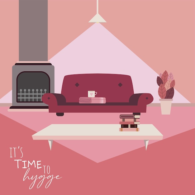 Vector colored hygge scenario with furniture next to a fireplace vector