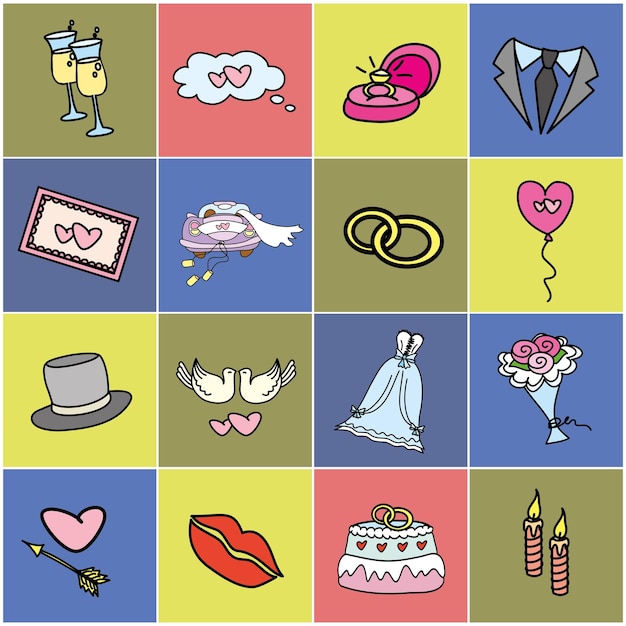 Vector colored icon set wedding marriage bridal hand drawn vector