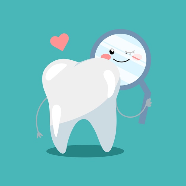 健康と歯のケアについてのカラーイラスト歯科用ミラーで見ている漫画の歯のキャラクター