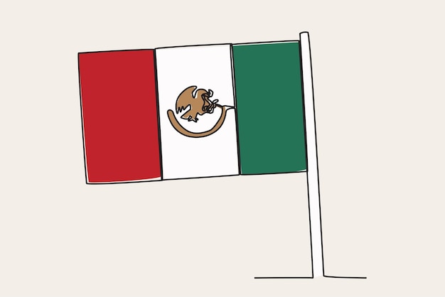 Colored illustration of the Mexican flag flying over a pole Independencia de Mexico oneline drawing