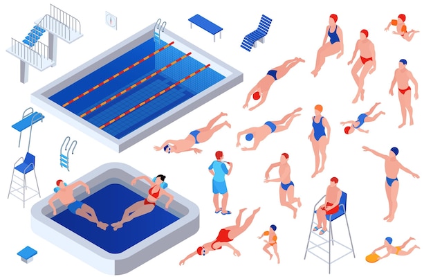 Цветной изометрический набор иконок бассейна два бассейна шезлонги бассейн атрибутика пловцы готовятся плавать и прыгать векторные иллюстрации