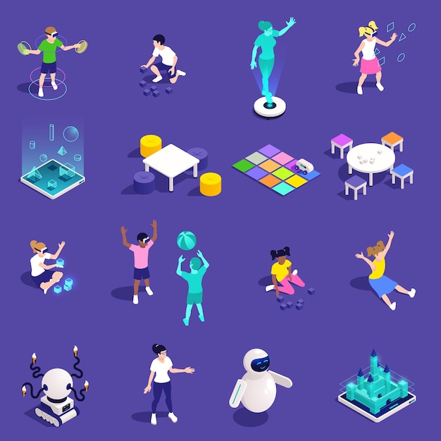 Vector colored kindergarten isometric icon set with figures of children educator robots toys and 3d projections vector illustration