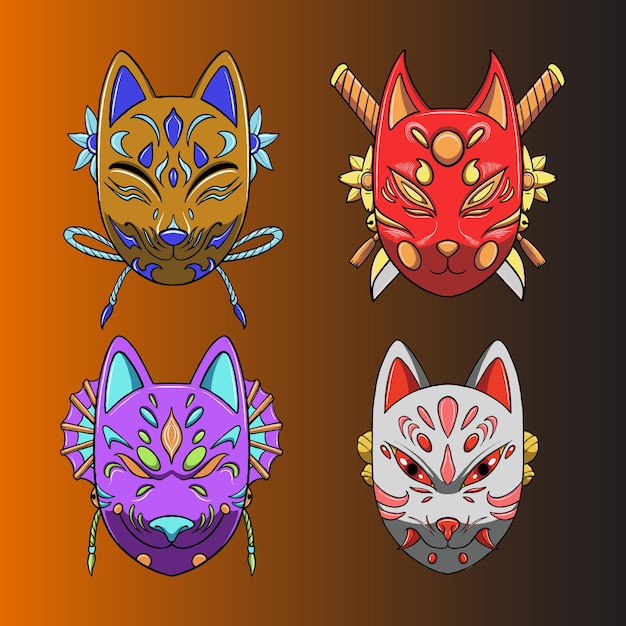 Colored Kitsune Mask Vector Set