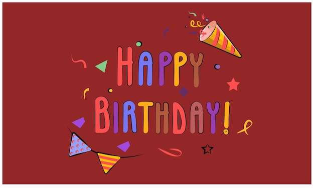 Colored lettering bright adorable flat vector horizontal layout invitation web stories birthday party with candles crackers flags confetti garland isolated on red