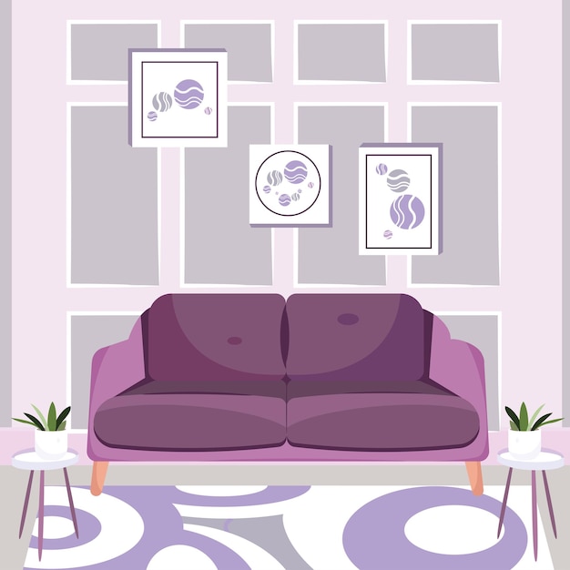 Цветная гостиная с диваном и растениями. дизайн интерьера. векторная иллюстрация