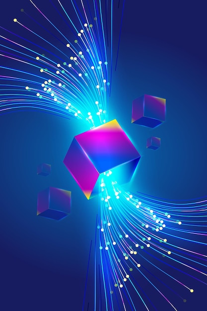 Colored luminous dot lines penetrate the floating cube tech sense vector background