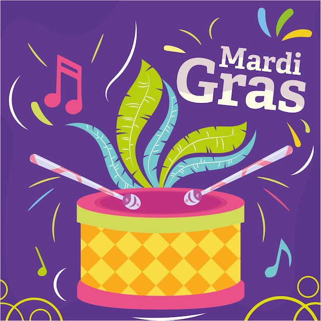 Colored mardi gras poster drum with feathers Vector