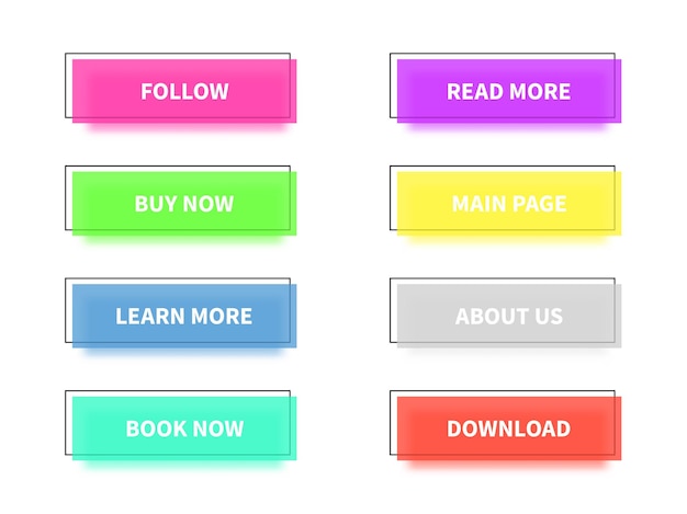 colored modern trendy flat buttons. rectangle button set, main shapes and icons with square black frames for websites, mobile apps and video games, vector isolated collection