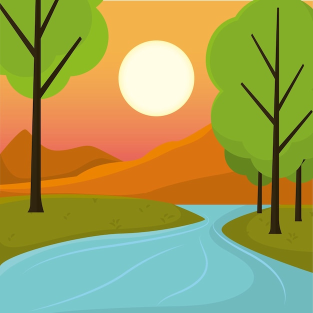 Colored natural landscape with trees Vector illustration