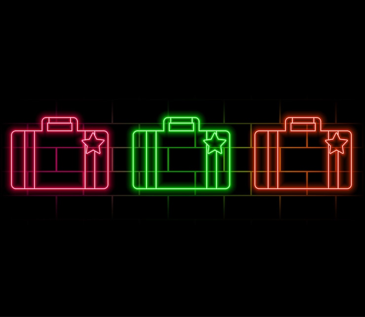Vector colored neon linear travel suitcase with heart icon on brick background the symbol of the honeymoon luggage road sign camera icon