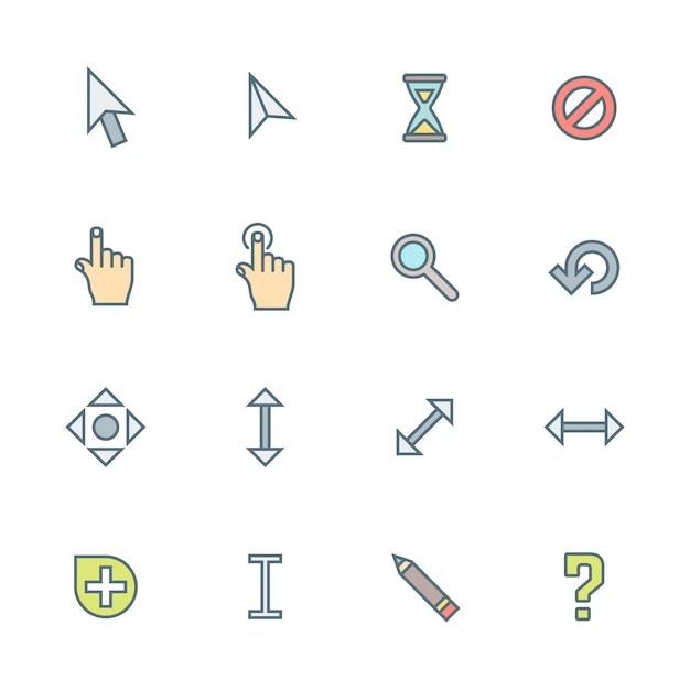 Colored outline various cursors icons set