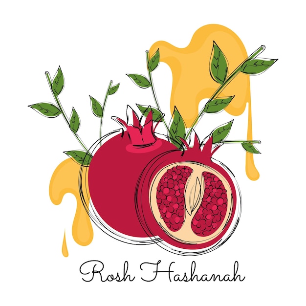 Colored pair of pomegranate with honey and leaves Rosh Hashanah Vector