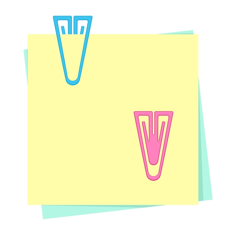 वेक्टर colored paper notes with plastic paper clips. school and office supplies collection. flat vector illustration isolated on white background