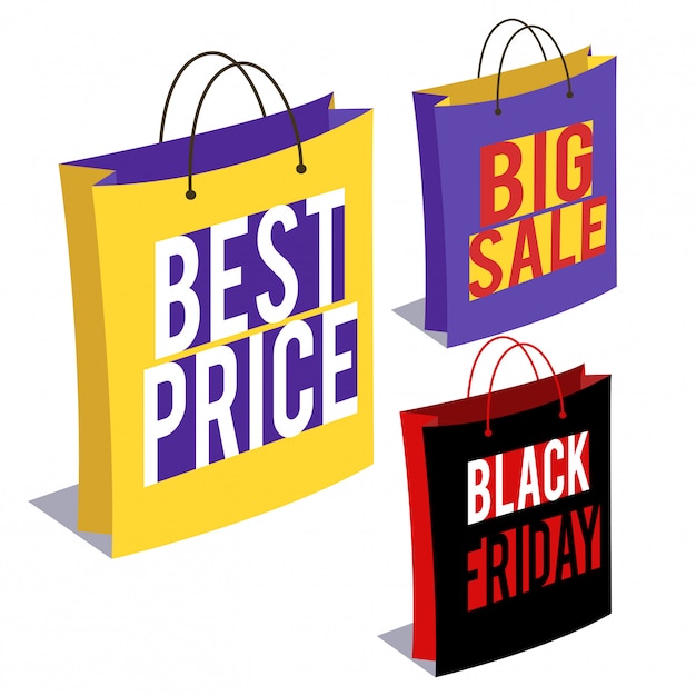 Vector colored paper shopping bags with inscriptions of sales, shares, discounts.