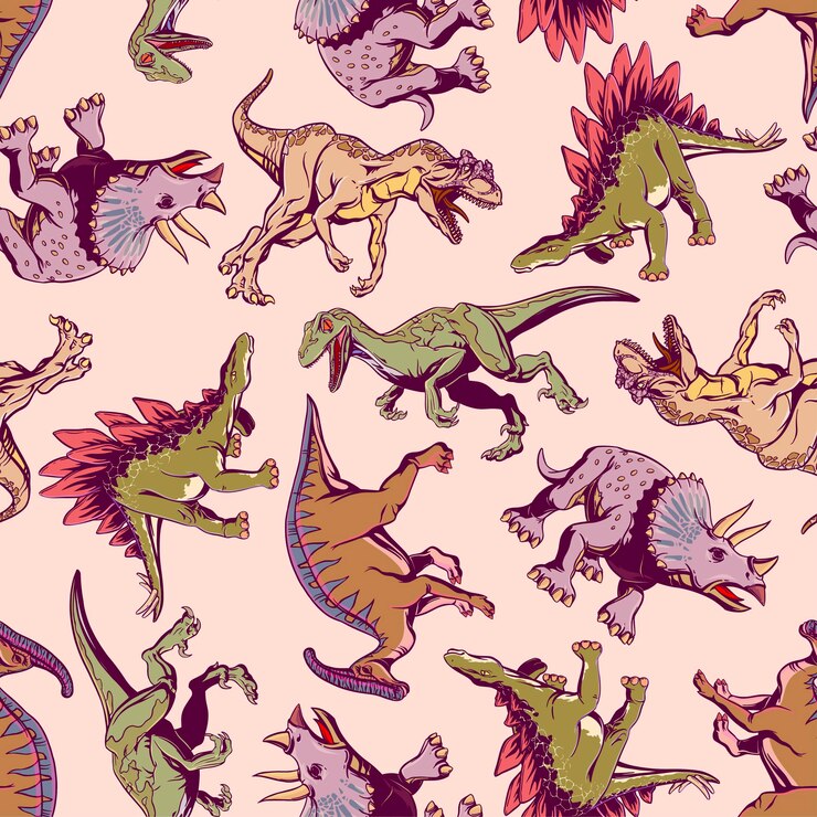 Vector colored pattern with cartoon dinosaurs for printing on textiles, t-shirts, wrapping paper. vector illustration.