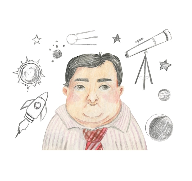 Colored pencil drawing of a portrait of an astronomy teacher