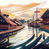 Vector colored pencil line art sketch coloring page of a beautiful traditional village