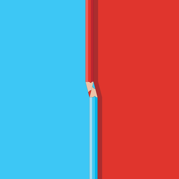 Вектор Цветные карандаши на сине-красном фоне. минимальная концепция обратно в школу