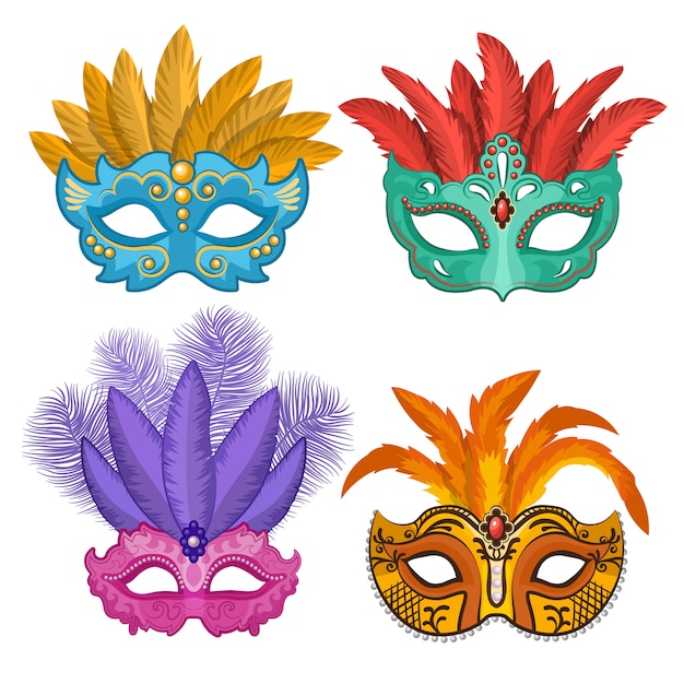 Colored pictures of carnival or theatre masks with feathers