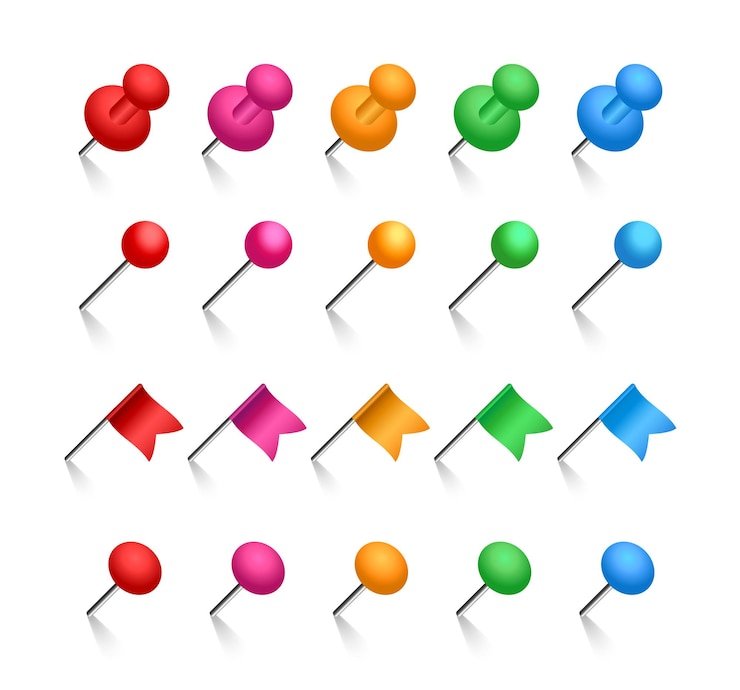 Vector colored pins set. push pins, flags and stationery needles. vector illustration.
