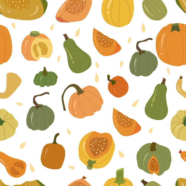 Цветные тыквы бесшовные модели, осенние овощи целиком и ломтик. зеленые, желтые и оранжевые тыквы. вектор рисованной иллюстрации шаржа на белом фоне.