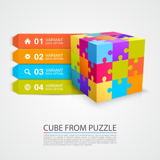 Oggetto informativo cubo puzzle colorato. illustrazione vettoriale