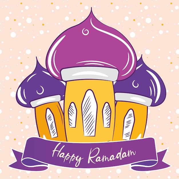 Цветной плакат рамадан карим с изолированной мечетью и лентой Вектор