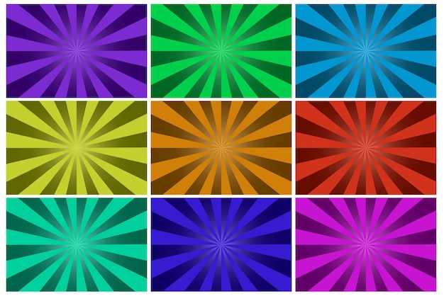 colored rays backgrounds. Geometric pattern. Explosion effect. Light effect set. Cartoon style.