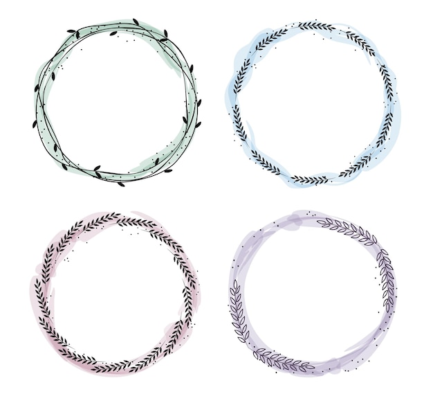 Colored round frames with a watercolor effect and a black outline of the leaves.