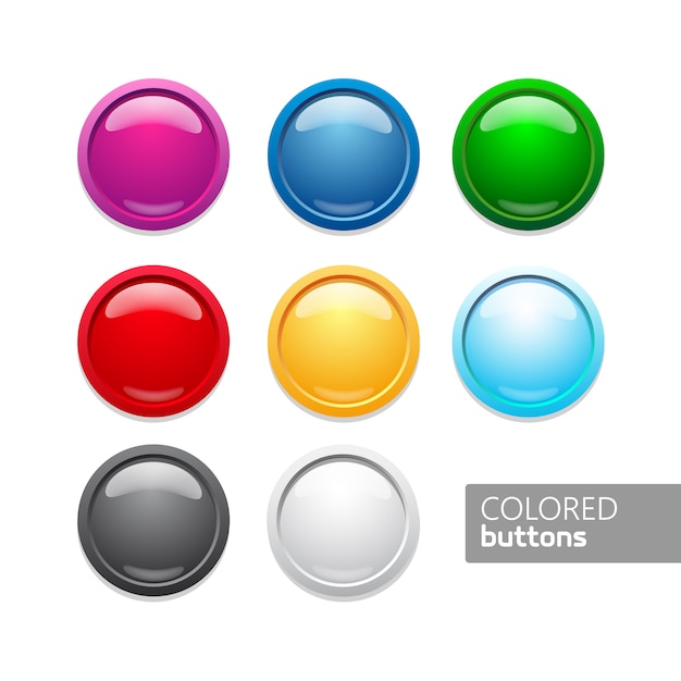 Colored round push buttons. glossy circles icons on white background.