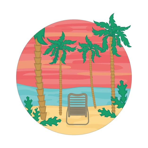 Colored round sunset landscape with palm trees Vector