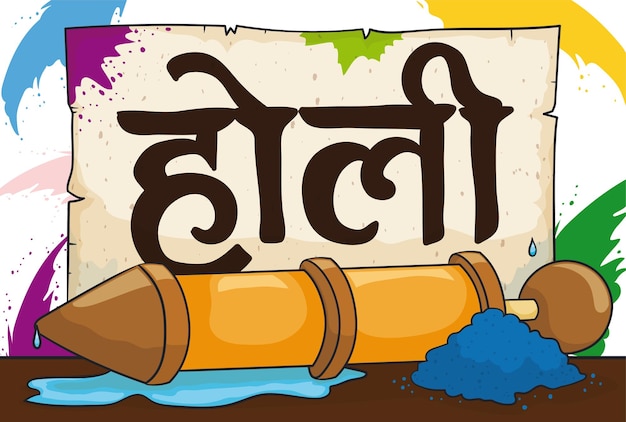 Colored scroll with powder splashes pichkari toy water gun and festive powder for a happy Holi