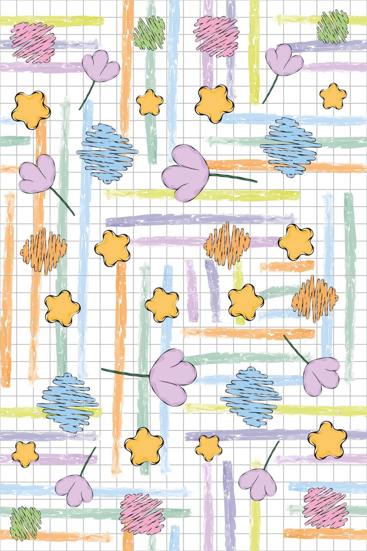 Colored seamless pattern background with sketch of flowers and stars Vector