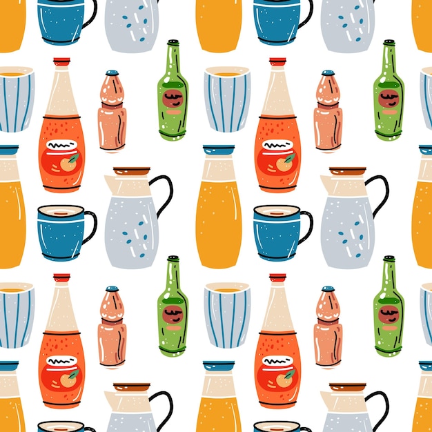 Vector colored seamless pattern with bright colorful crockery