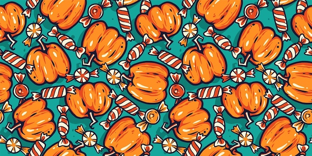 Vector colored seamless pattern with pumpkin with face emotion for halloween october party