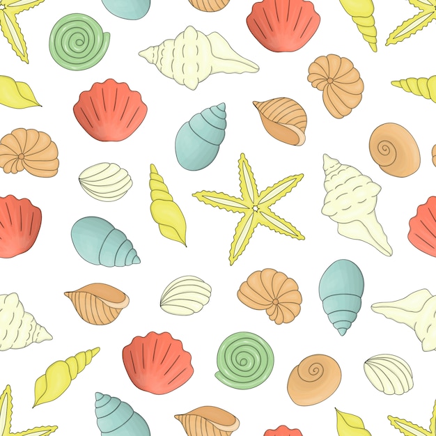 Vector colored seamless pattern with sea shells