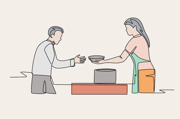 Colored serving at soup kitchens concept oneline drawing