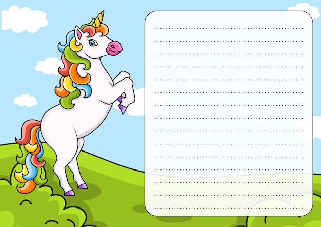 Colored sheet template for notes fith unicorn Paper page for journal notebook diary letters schedule organizer Cute cartoon character Lined sheet