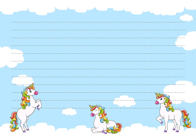 Colored sheet template for notes with unicorn Paper page for journal notebook diary letters schedule organizer Cute cartoon character Lined sheet