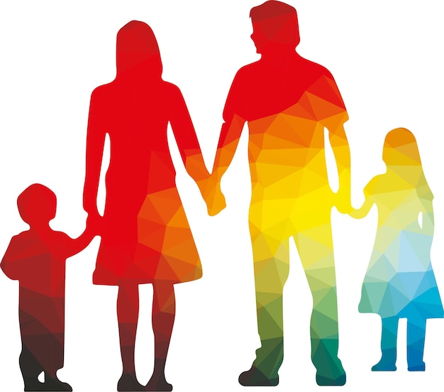 透明な背景に分離された 2 人の子供を持つ家族の色のシルエット