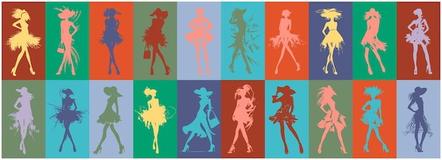 Vector colored silhouettes of fashionably dressed women on a colored background vector illustration